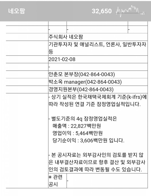 20210208 네오팜 실적&배당 공시발표