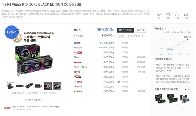  게이밍 Pc 맞추려고 했는데 RTX3070 그래픽카드 가격이 미쳤네요.