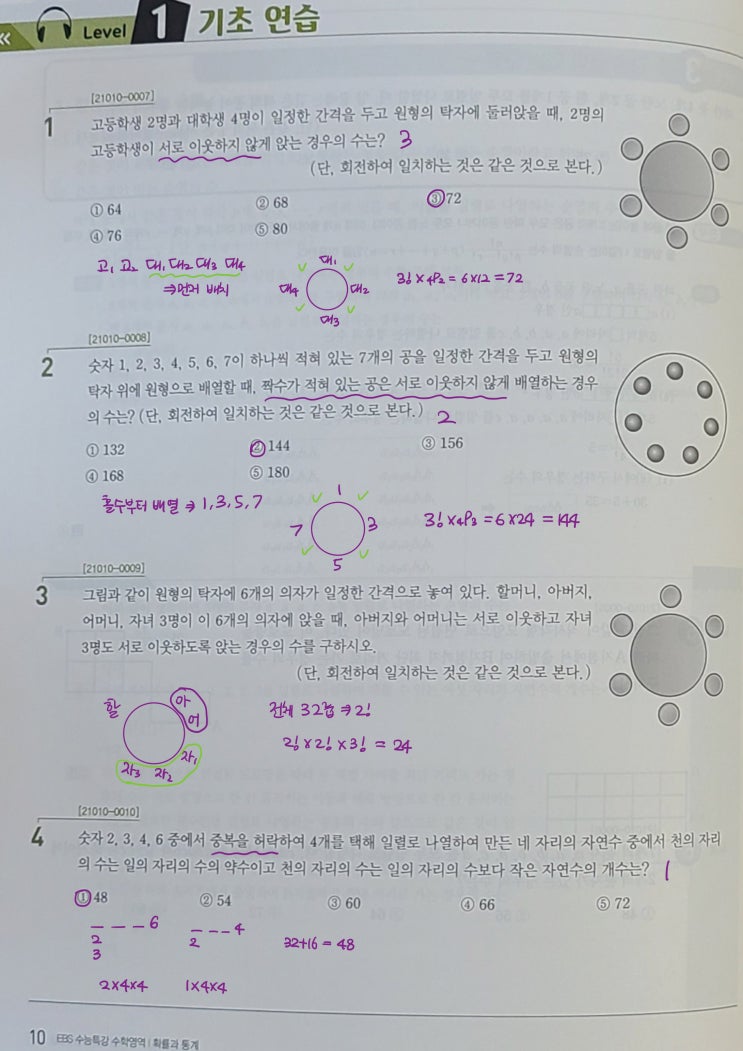 수능특강 확률과 통계 p10, p11) 01 여러 가지 순열 level 1 문제 및 풀이