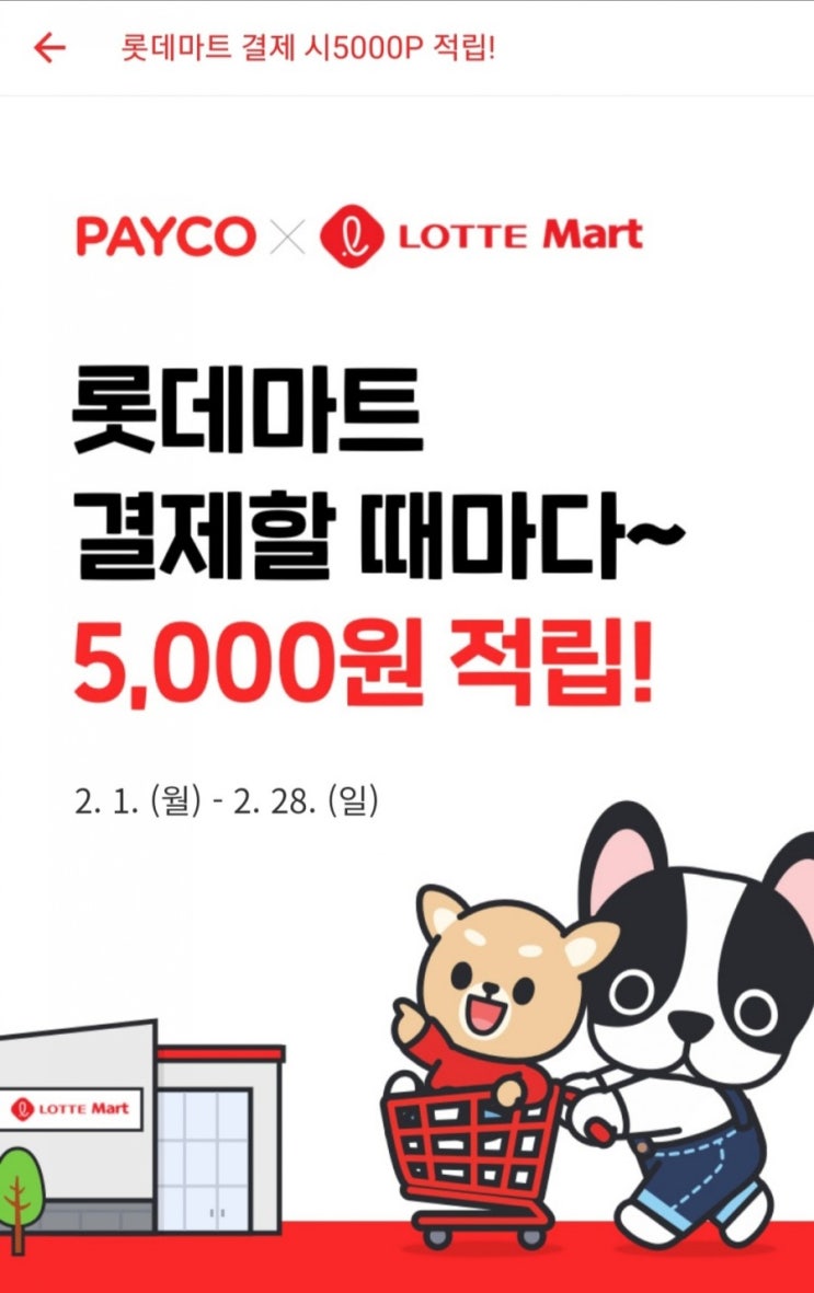  페이코 - 롯데마트 페이코 3만원 이상 현장 결제시 5,000P 적립(1인 4회, 2/1~2/28)