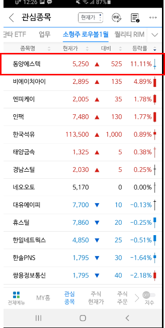  21. 2. 11. 투자 일지 소형주 포트폴리오 동양에스텍 무상증자 이슈로 급등 지속