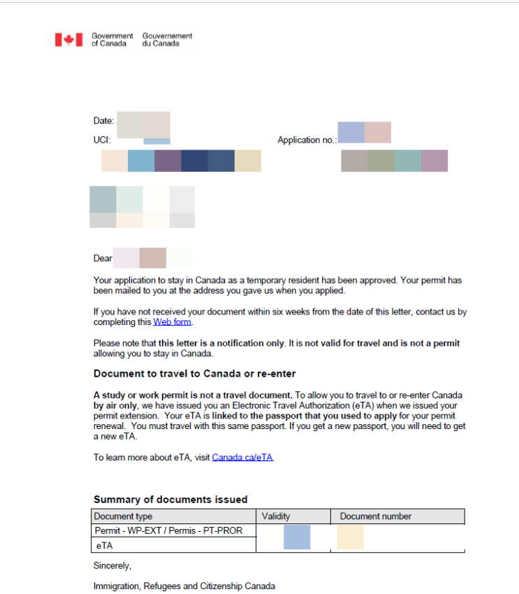  캐나다 워킹홀리데이 Work Permit 연장 승인 Letter