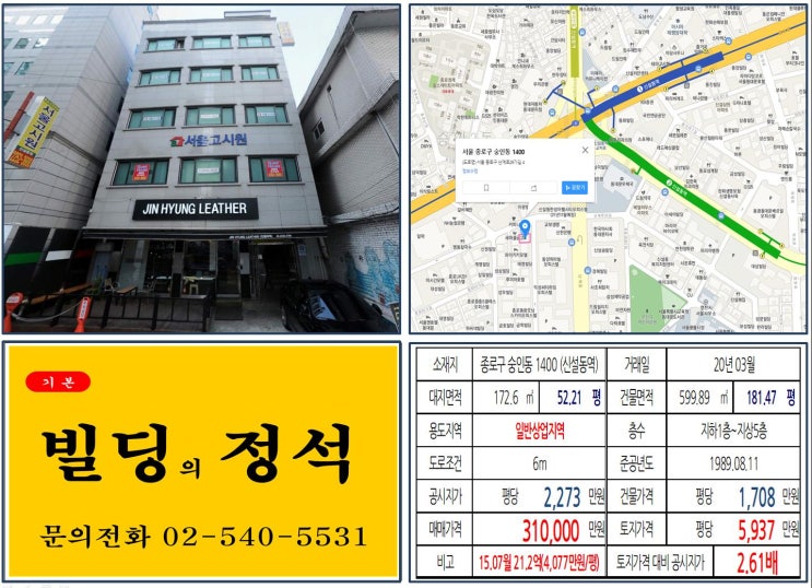 [종로구 트리플역세권 30억 꼬마빌딩 실거래가 조회] 숭인동 1400 (신설동역) 31억 원, 평당 5,937만 원 매매되었습니다. 서울직업학교, 한국마사회, 국민연금관리공단