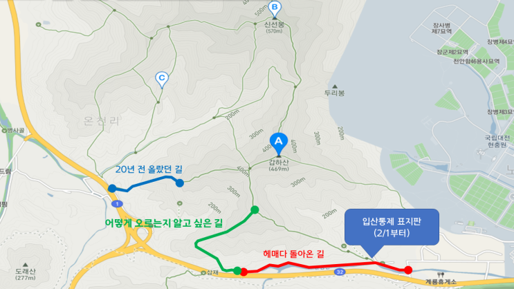  갑하산 입구에서 만난 입산통제 표지판(갑동 시작점)