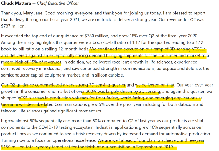  II-VI (two - six) Earnings Call 정리