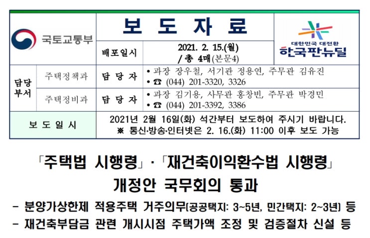  분양가상한제 적용주택 거주의무기간/재건축 부담금완화 - 개정안 통과(국무회의)