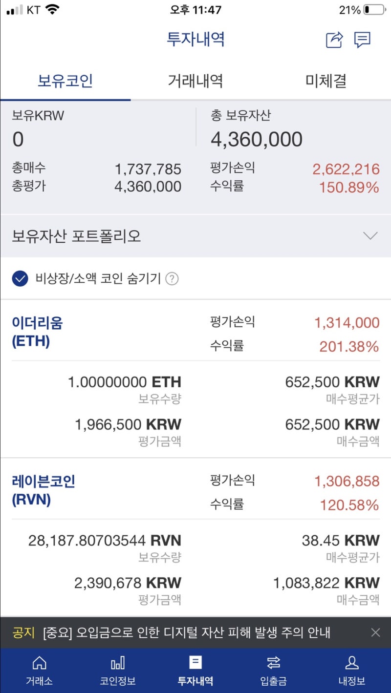 투자일지] 내돈내산 코인 소액투자 수익률 기록: 이더리움ETH & 레이븐코인RVN : 네이버 블로그