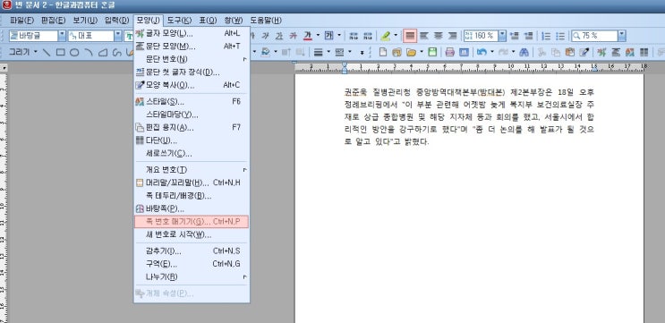  한글 - 쪽번호 매기기