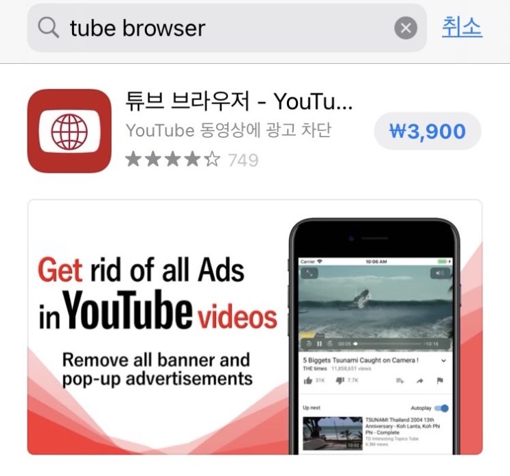  아이폰에서 유튜브 동영상 광고를 없이 보기, PIP 기능 즐기기  (튜브브라우저, 3900원의 행복, 유료 앱, 가끔씩 무료 다운로드 이벤트)