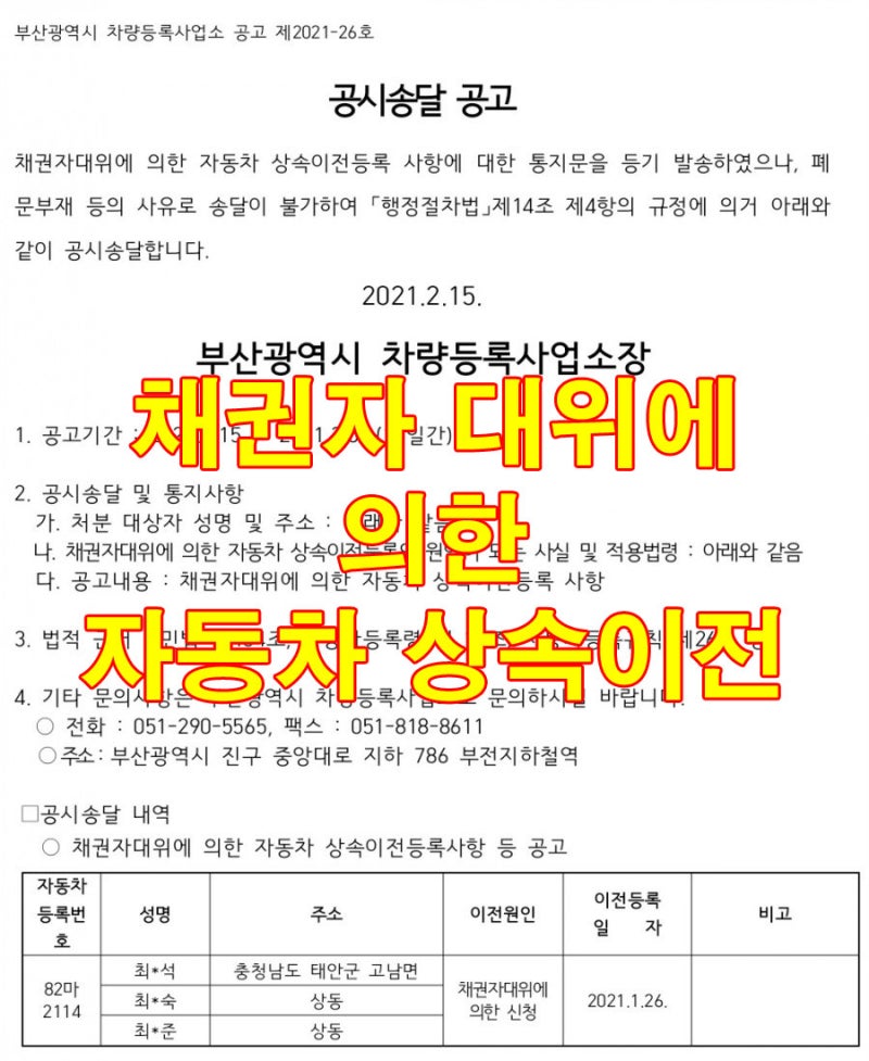 펀드대부업자 및 기타 자동차담보권자의 임의경매 신청 및 채권자 대위변제 등기 신청 1