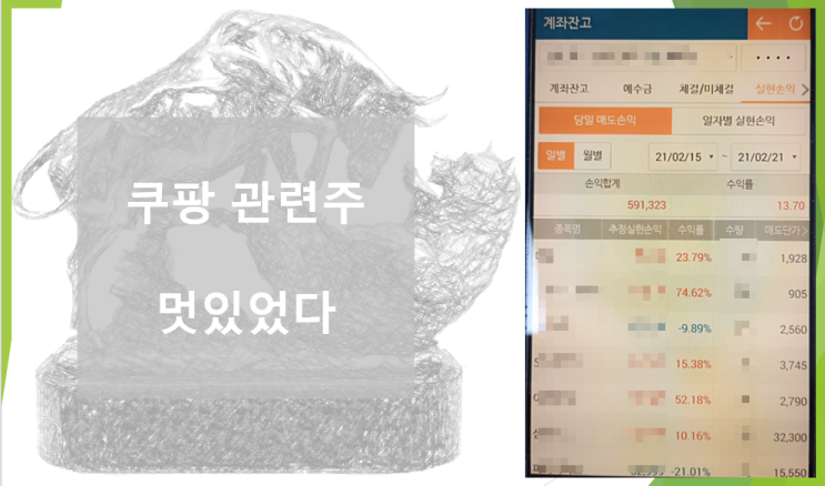  21년 2월 주간 실현손익 (2/15~21) (feat. 쿠팡관련주, 59만원 손익, 수익률 13.7%, 비트코인, 한미약품 용빈이)