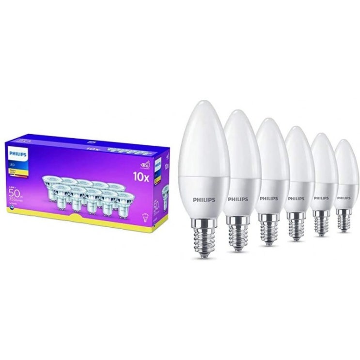 인기 많은 필립스 LED GU10 라이트 전구 4.6W(50W) - 웜 화이트 10 & E14 캔들 라이트 전구 팩 5.5W(40W) - 웜 화이트 6의 팩, 1, 단일옵션 좋아요