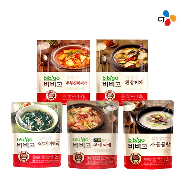 가성비 뛰어난 cj 비비고 (두부김치찌개+된장찌개+부대찌개+소고기미역국+사골곰탕)5종혼합, 1세트 ···