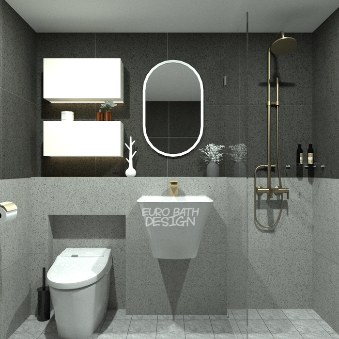 예쁜 욕실을 위한 테라조 다크 그레이 톤의 욕실 리모델링 3D 디자인