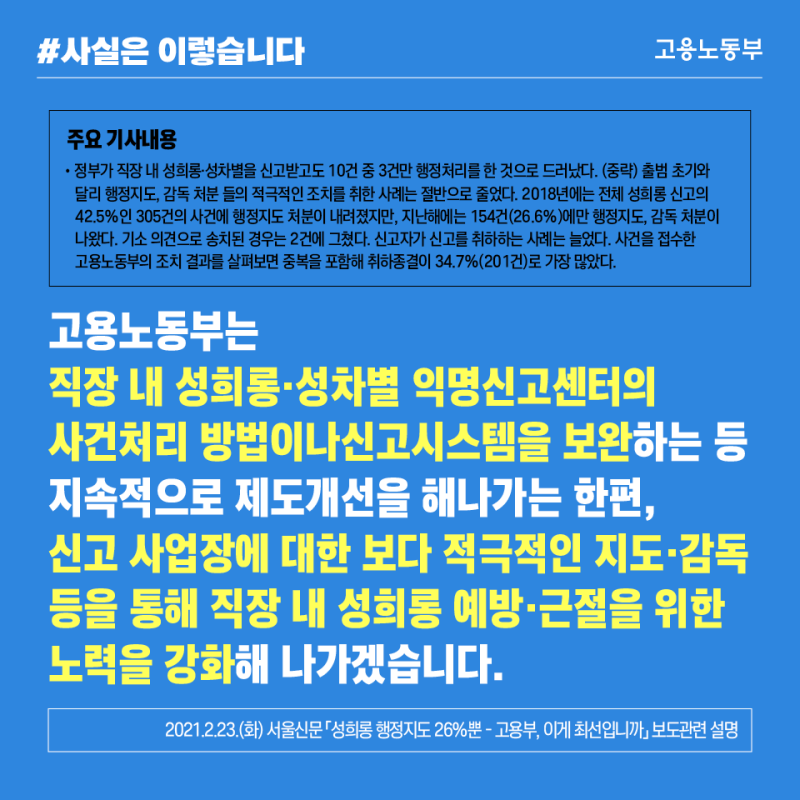 익명신고센터 활성화와 사업장 지도·감독을 통한  조직문화 개선 노력을 강화해 나가겠습니다.