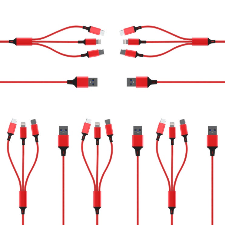 구매평 좋은 요이치 팔레트 3in1 멀티 고속충전 케이블 1m, 레드, 5개(로켓배송) ···