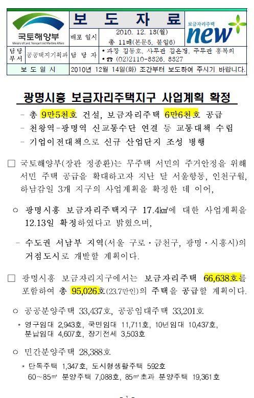 국토부, ‘광명시흥’ 6번째 3기 신도시 추가···7만 가구 공급!!!(2010년 재탕???)
