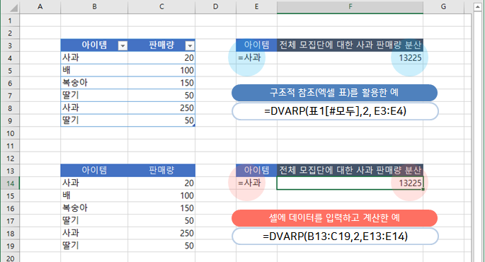 엑셀 | 데이터베이스 전체 모집단의 분산을 구하는 DVARP