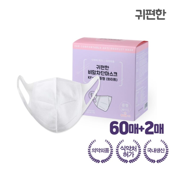  [할인추천] 귀편한 KF-AD 비말차단 2D마스크 60 2매세트 중형 식약청인증/국산/여성용/초중학생용 17,800 원 36% 할인~*