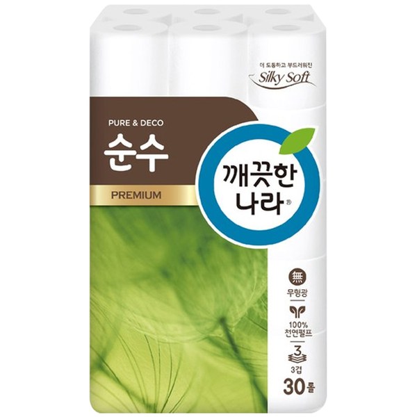 인기있는 깨끗한나라 3겹 데코 순수 프리미엄 천연펄프 롤화장지 30m, 30롤, 1개 ··· 인기있는 깨끗한나라 3겹 데코 순수 프리미엄 천연펄프 롤화장지 30m, 30롤, 1개 ···