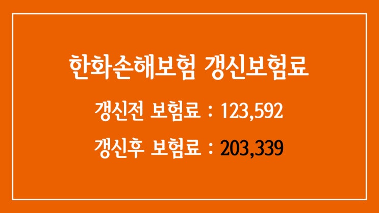  한화손해보험 무배당 한아름플러스 종합보험 1106 갱신전보험료(123,592), 갱신후보험료(203,339)