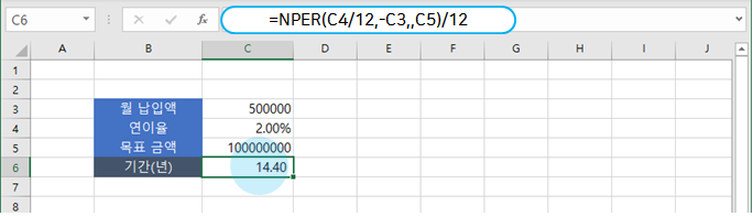  엑셀 | 목표 금액을 모으는 기간을 계산하는 NPER
