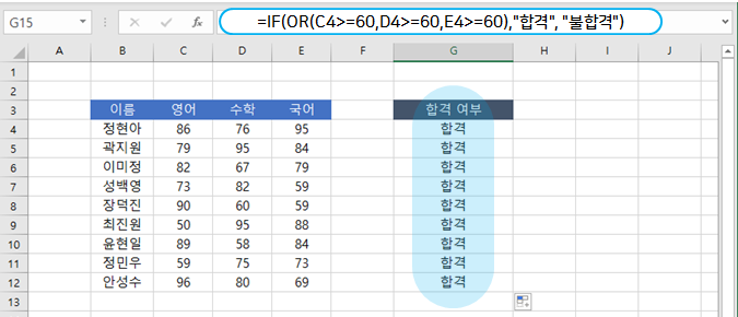  엑셀 | IF와 OR 함수를 사용해 하나의 조건만 충족해도 참 반환하기