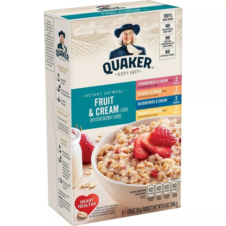 갓성비 좋은 [미국직배송]퀘이커 QUAKER 인스턴트 오트밀 프루트 앤 크림 버라이어티팩 240g (8개x30g) 추천해요