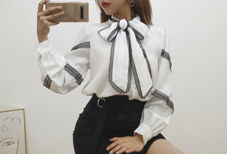  20대 여자 오피스룩:: 라브떼드 레이스 타이 블라우스