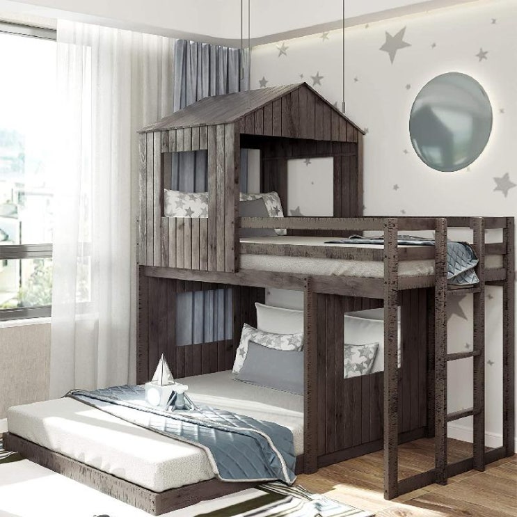 선호도 높은 Harper & Bright Designs House Bed 이층침대 트윈오버 풀사이즈 가드레일침대 벙커침대, 앤티크 그레이 추천해요