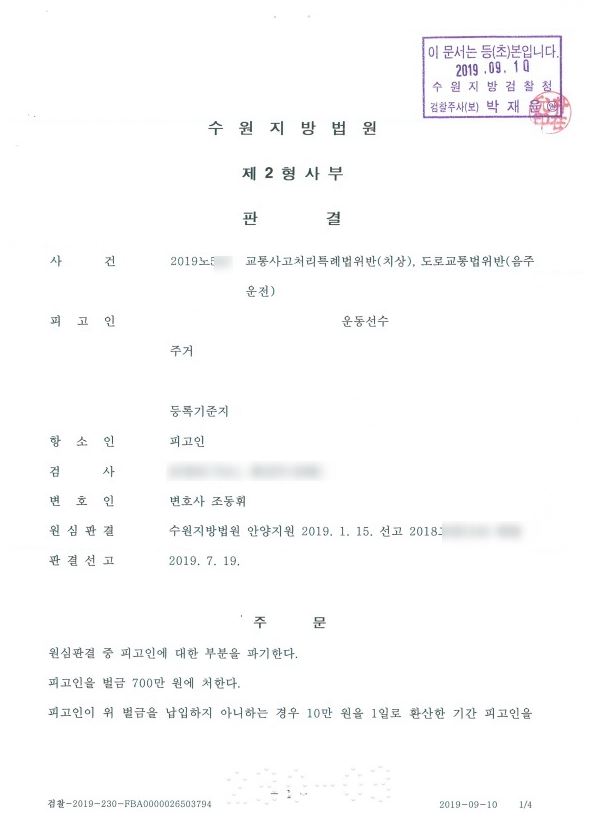  음주운전 및 치상 항소 성공사례 -국가대표, 피해자 4명