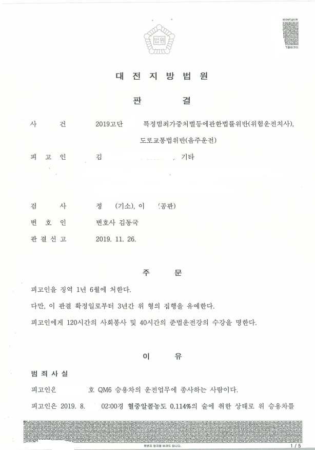  음주운전(신호위반으로 피해자 사망) - 집행유예 성공사례