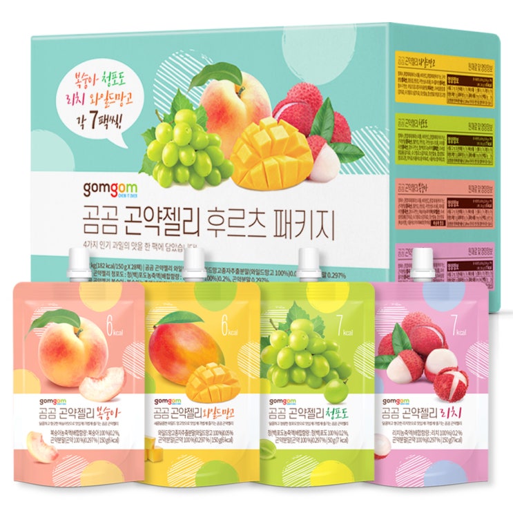 잘팔리는 곰곰 곤약젤리 복숭아 150ml x 7p + 와일드 망고 150ml x 7p + 청포도 150ml x 7p + 리치 150ml x 7p 세트, 1개(로켓배송) ···