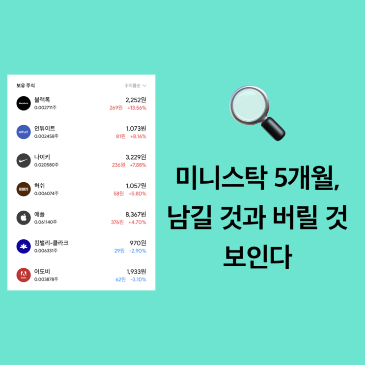  미니스탁 5개월 이용 후기 _ 믿을 기업이 몇 가지로 추려짐. 인튜이트, 블랙록, 애플, 어도비