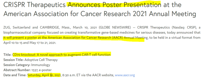 크리스퍼 테라퓨틱스(CRSP) 2021년 미국 암학회(AACR)에서 CAR-T 연구 포스터 발표!