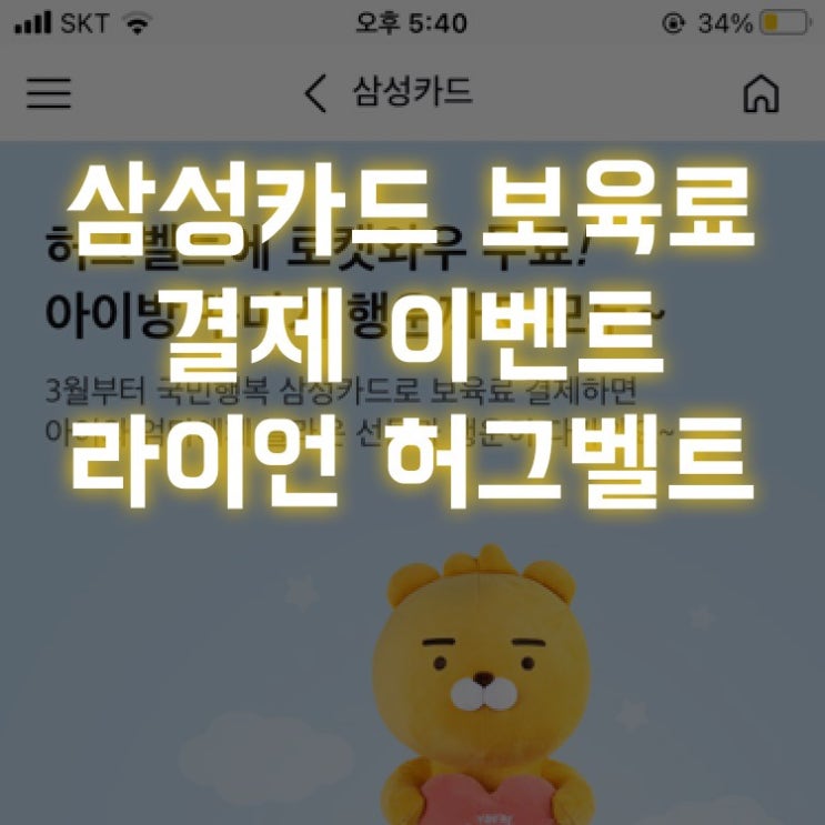  삼성카드 국민행복카드 어린이집 보육료 결제 이벤트(리틀 라이언 허그벨트 증정 등)