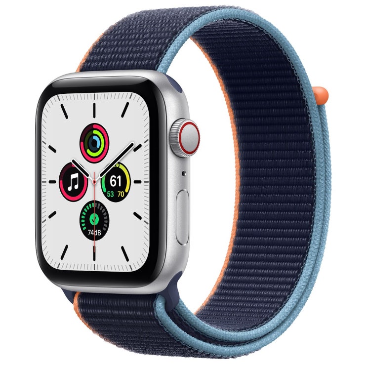  Apple 2020년 애플워치 SE, GPS+Cellular, 실버 알루미늄 케이스, 딥네이비 스포츠 루프
