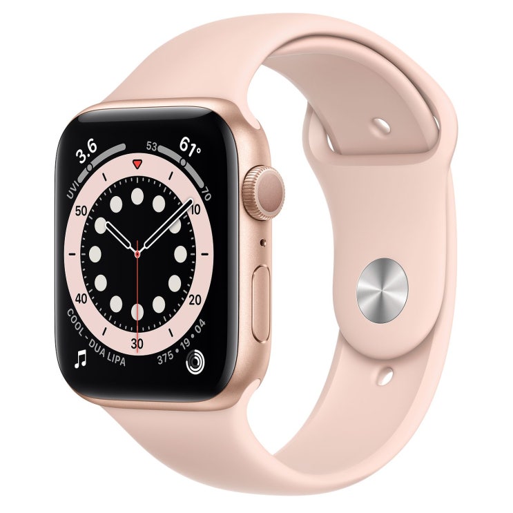  Apple 2020년 애플워치 6, GPS, 골드 알루미늄 케이스, 핑크 샌드 스포츠 밴드