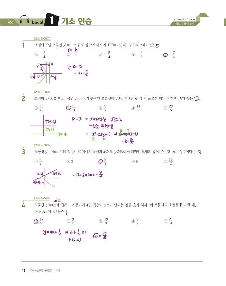 수능특강 기하 p10) 01 포물선 level 1 문제 및 풀이