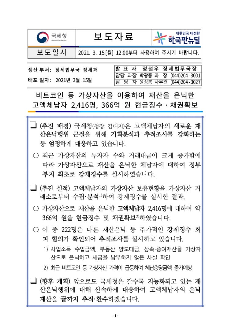 재산을 비트코인 등 코인으로 변경해 숨긴 고액체납자 2416명 단속...국세청, 366억원 현금징수 및 채권 확보 : 네이버 블로그