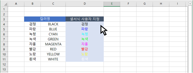  엑셀 | 사용자 지정에서 텍스트 컬러 입력하기