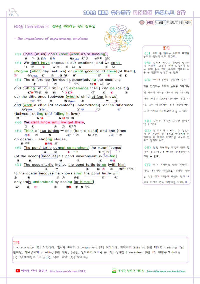 2022 EBS 수능특강 영어독해 2강 본문 지문 분석 변형문제 워크북 3종, 한줄해석 단어 정리 무료 자료 네이버 블로그