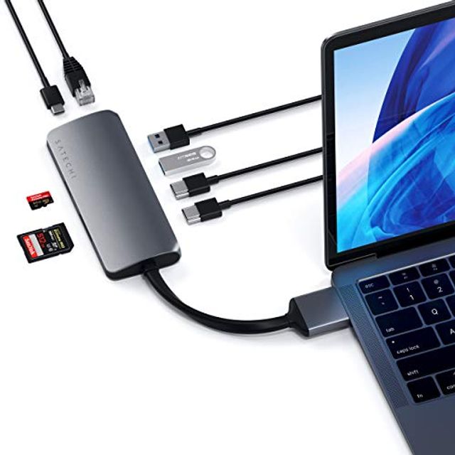 선택고민 해결 Satechi Type-C 듀얼 4K HDMI USB-C PD 기가비트 이더넷 마이크로 / SD 카드 리더기 USB 3.0 지원 듀얼 멀티미디어 어댑터-2019 Ma
