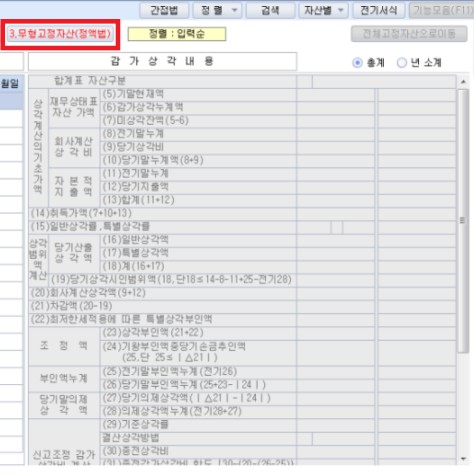  법인세 신고 - 감가상각비조정명세서 中 무형고정자산(정액법)