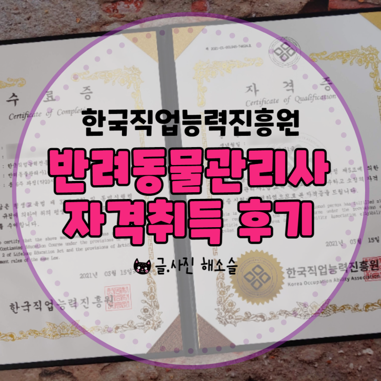  반려동물관리사1급 자격증 한국직업능력진흥원에서 무료 수강으로  땄어요~
