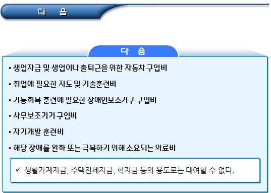 장애인 자립자금 대여 대상 및 신청 장애인 자립자금 대여 대상 및 신청
