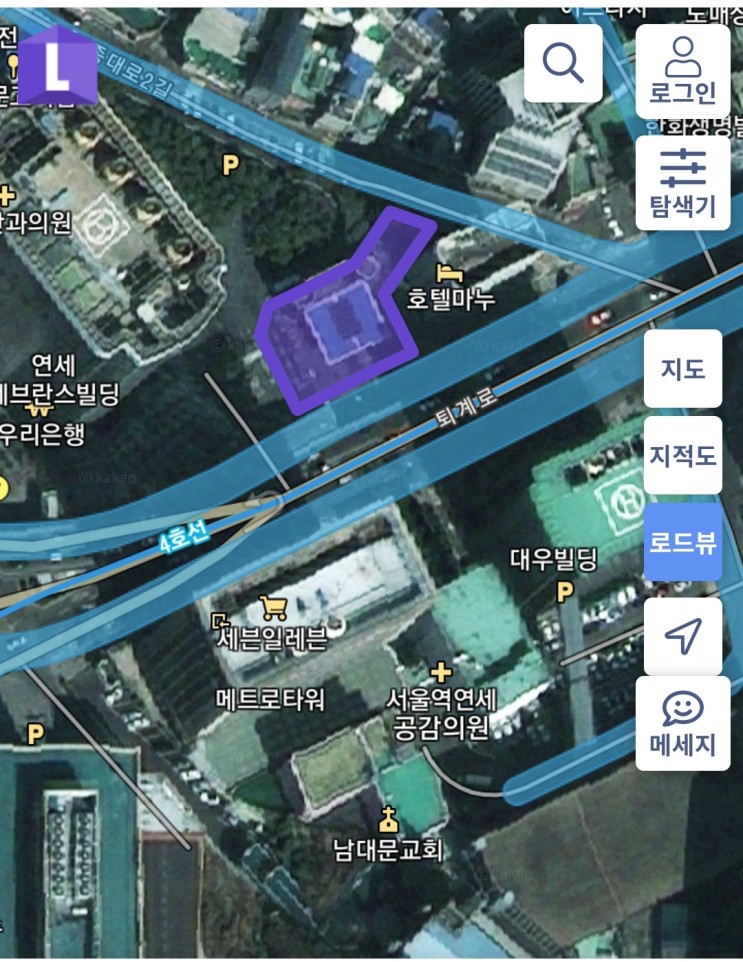 서울역 앞 역전주유소 터 신축건물이 서울로 7017와 연결될 예정으로  앱  랜드-i로 가상건물 배치 분석 토지분할 확인도 해보았다