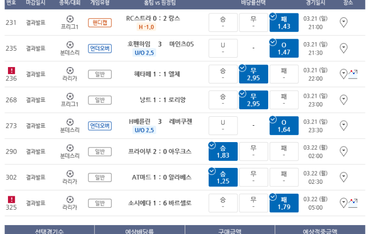 프로토 Proto 3월 22일 주말 경기 간신히 건진 2조합