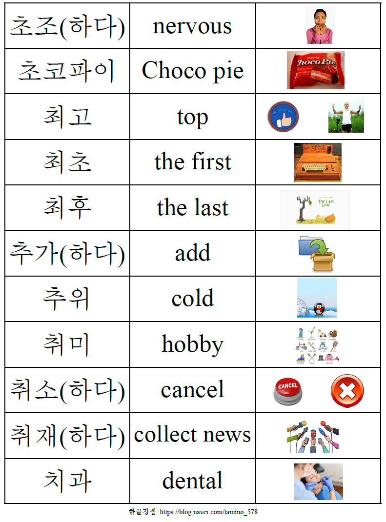 [받침 없는 단어]ㅊ로 시작하는 받침 없는 단어 (Words without a final consonant starting ...