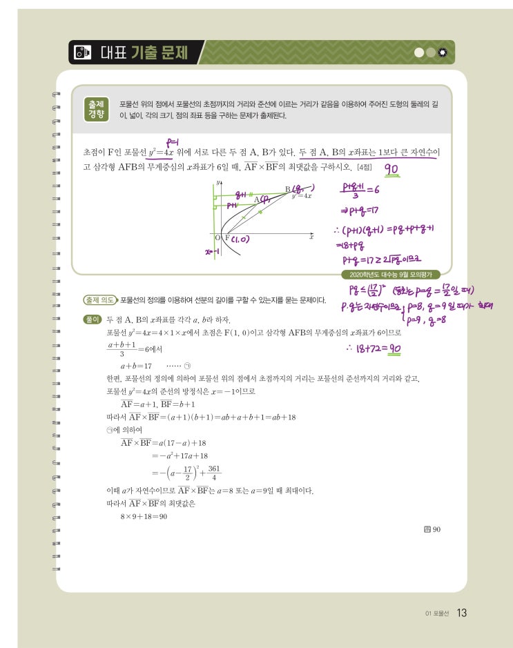 수능특강 기하 p13, p14, p15) 01 포물선 대표 기출 문제 문제 및 풀이